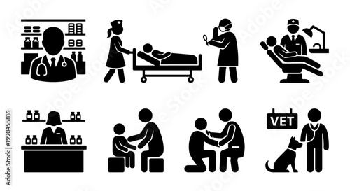 Medical healthcare icon set, professional doctor and nurse silhouettes, pharmacy and veterinary clinic symbols, hospital patient care vector illustrations