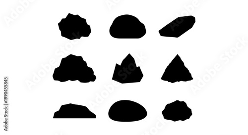 Minimalist rock silhouette collection, set of 9 black stone vector icons, natural boulder and pebble shapes, organic mineral and crystal outlines