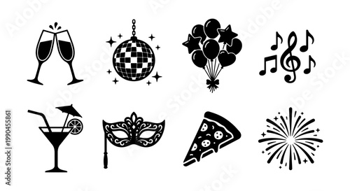 Party celebration icon set with 8 black vector elements, festive event symbols including disco ball and champagne, holiday night life graphics