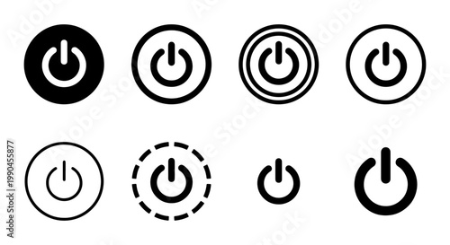 Minimalist power button icon set, 8 black and white start symbols, modern electronic switch vector graphics, digital interface turn on off buttons