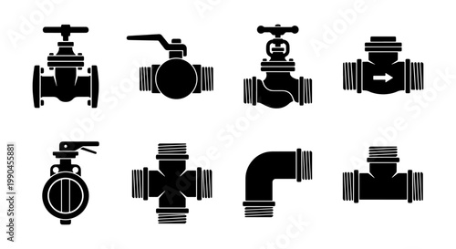 Industrial plumbing valve icons, black silhouette pipe fittings set of 8 vector elements, water and gas control hardware for engineering blueprints