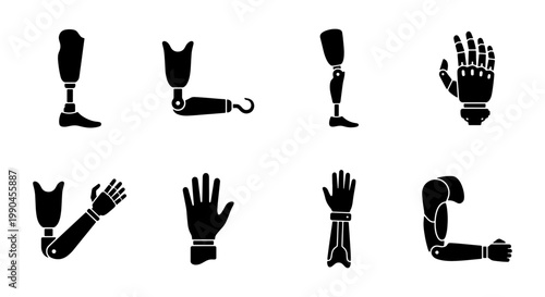 Prosthetic limb icons set, medical artificial arm and leg silhouettes, 8 bionic body part vector elements for healthcare and disability support