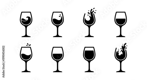 Minimalist wine glass icons set, black wine splash and pour silhouettes, 8 vector wine tasting symbols for restaurant menus and bar logos