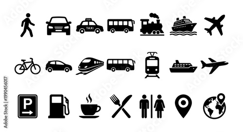 Transportation and travel icon set, black silhouette vehicle symbols for maps and navigation, 21 flat vector icons for public transit and tourism