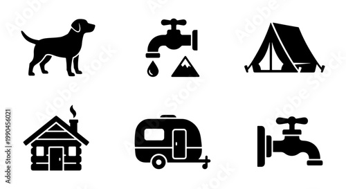 Camping and outdoor recreation icon set, black silhouette travel symbols including tent and caravan, national park and wilderness wayfinding vector elements