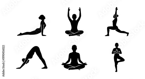 Yoga silhouette vector set, black female yoga poses collection, meditation and fitness exercise icons, wellness and mindfulness graphics for studio branding