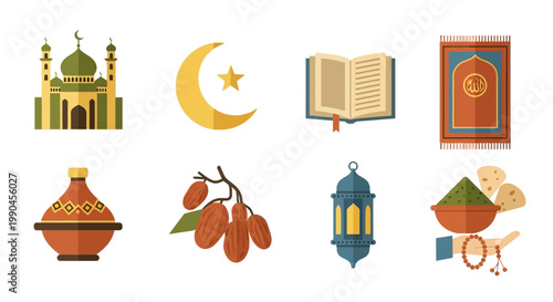 Collection of Islamic cultural and religious symbols, depicting mosque, crescent, Quran, dates, prayer mat, and lantern, ideal for Ramadan and Eid celebrations