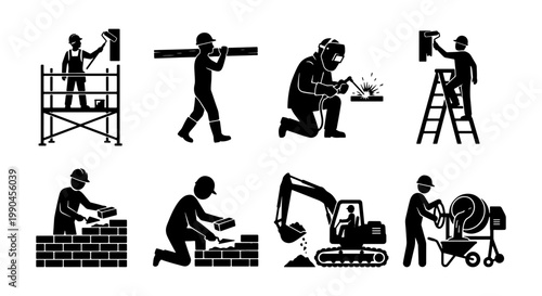 Construction worker silhouettes set, industrial builder icons collection, manual labor and engineering vector graphics, professional tradesman pictograms