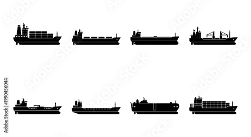 Cargo ship silhouette set, 8 industrial vessel icons for global shipping and logistics, black merchant boat vector collection for maritime trade