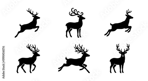 Black reindeer silhouette collection, set of 6 deer with antlers in jumping and standing poses, minimalist stag vector icons for winter holiday design