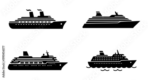 Cruise ship silhouette collection, set of 4 ocean liner vector icons, luxury passenger vessel symbols for travel and maritime logistics design