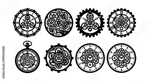 Steampunk clock gear icons, vintage mechanical watch faces with cogs and wheels, 8 black vector silhouette clockwork elements for industrial design