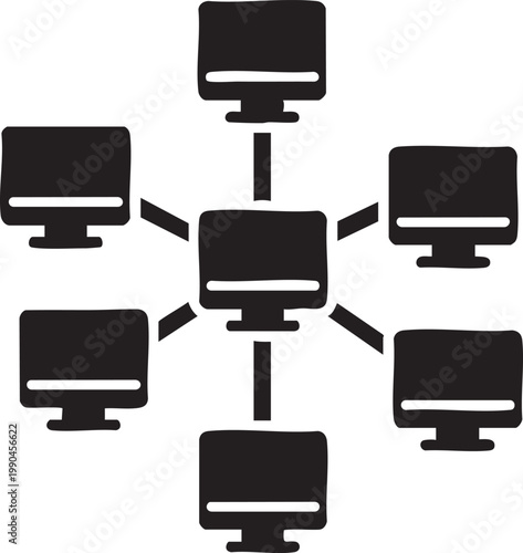 Network, computer icons, connected devices, technology symbols, black vector graphics