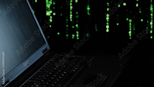 retro laptop with a matrix background