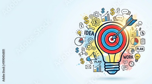 Business Strategy & Innovation Concept: Lightbulb doodle with target, arrow, gears, money, charts, idea elements, and copy space.