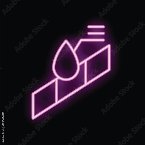 Glowing neon icon of a water drop being absorbed by a surface, symbolizing a waterproof material