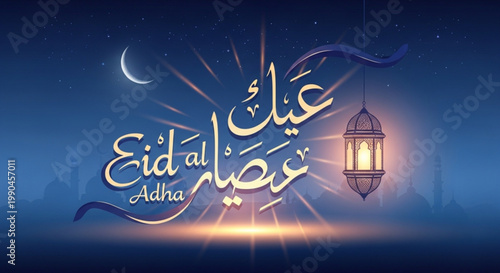 Eid al Adha calligraphy with crescent moon and lantern Islamic holiday greeting for Muslim celebration night sky backg