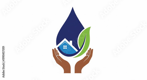 Droplet water icon with house inside and hands holding green leaf for eco friendly home sustainability design