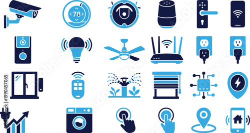 Smart home technology and automation icons in blue and navy blue tones.