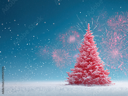 Pink snow-covered Christmas tree surrounded by bursting fireworks against a beautiful blue winter sky.