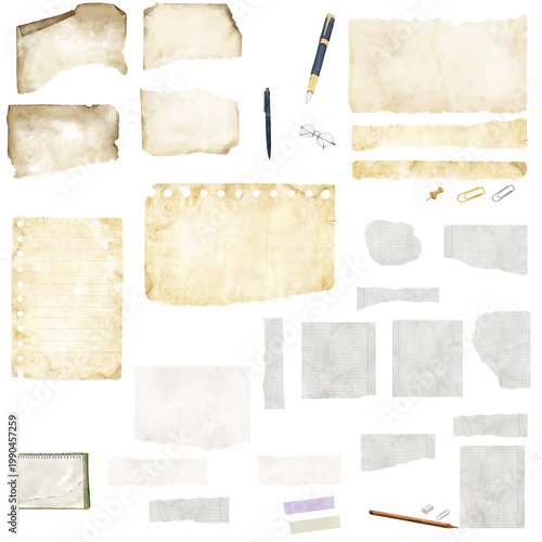Torn paper, torn pages of a notebook or school notebooks, pens and paper clips. Watercolor illustration. A set of torn pieces of paper with crumpled and uneven edges, isolated on a background