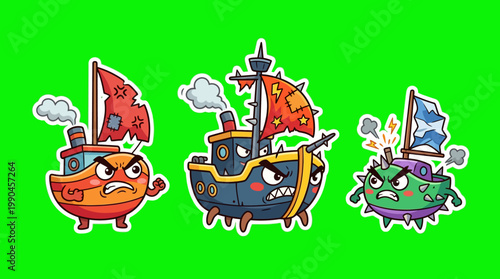 Cartoon Pirate Ships with Angry Expressions