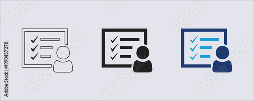 A task checklist, a user profile report,  to-do list, task completion, document examination, business, project management, user interface design, a silhouette of a person. 