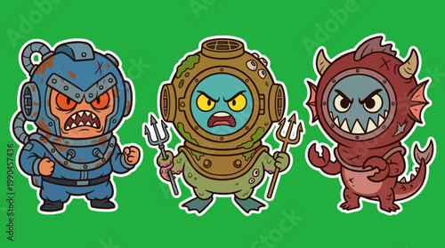 Cartoon Monsters in Diving Suits and Costumes