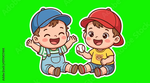 Two Cheerful Cartoon Babies Playing With Baseball