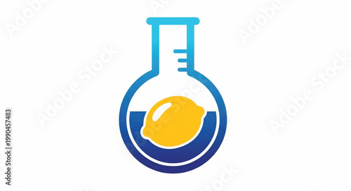 Lab flask icon with blue tube shape and yellow chemical droplet inside, clean vector style on white background