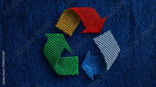 Colorful embroidered recycling symbol carefully stitched onto textured blue denim fabric background.