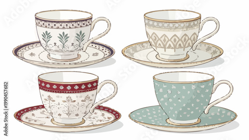Variety set of elegant tea cups with saucers ornate patterns white background