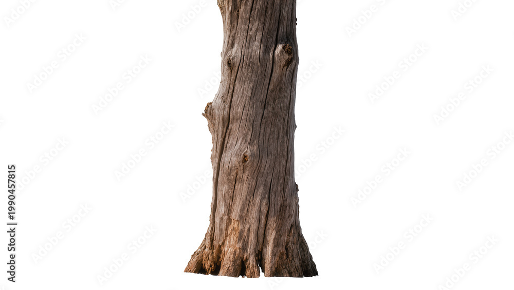 Fototapeta premium Weathered rough brown tree trunk with textured bark, isolated on transparent background
