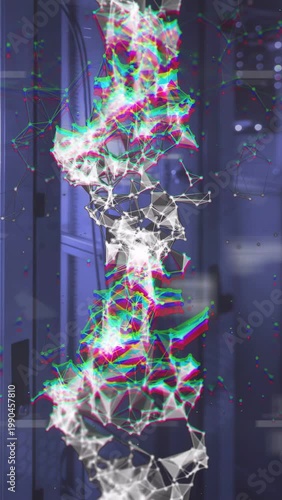 Generative AI driving luminous mesh before glass door, pulsing, emitting RGB dots for tech demo