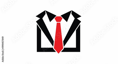 Tie icon in red and black with tuxedo jacket silhouette graphic logo for business and formalwear featuring necktie, suit, corporate with dress code