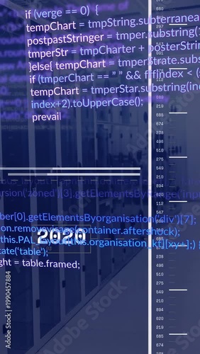 Vertical video: Blue code appearing, timeline scrolling up, year tags fading, showing history