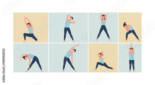 Vector Illustration of a Woman Performing Various Yoga and Stretching Poses for Fitness Routine