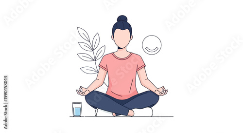 Minimalist line art illustration of a woman meditating in lotus pose with water and plant, mindfulness and mental health wellness concept
