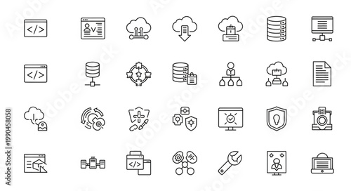 Collection of hand-drawn technology icons for digital concepts.