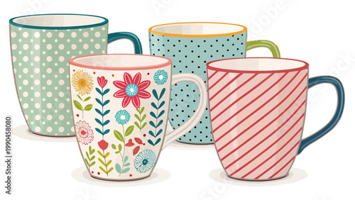 Colorful ceramic mugs with stripes dots and floral patterns on a white background for coffee or tea
