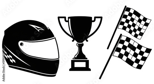 Racing Helmet Trophy and Checkered Flags Icon Set.