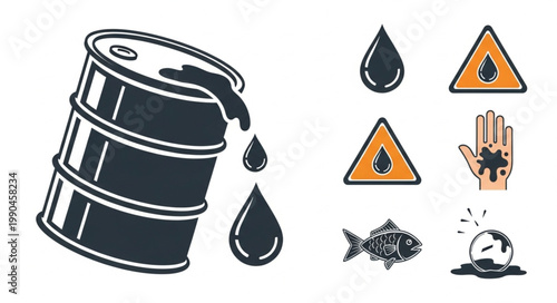 Oil barrel leaking black liquid with hazard symbols and dead fish.
