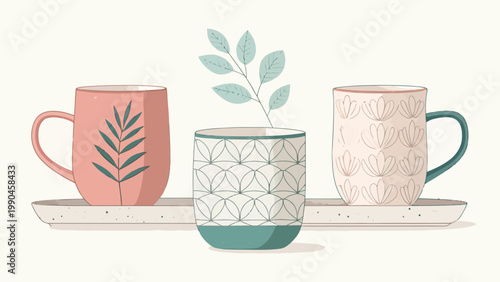 Colorful ceramic mug collection with different shapes and patterns on a tray