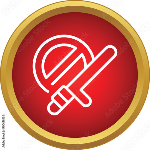 White outline of a police shield and baton on a red circle