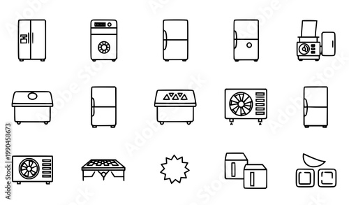 Freezer and cooling appliance icons set vector thin line refrigerator deep freeze ice chest cold storage pictograms isolated white background