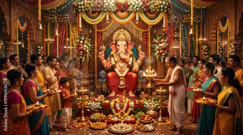 Grand Celebration of Ganesh Chaturthi Festival with Devotees Offering Prayers