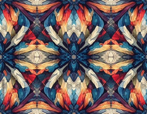 Vibrant Abstract Kaleidoscopic Pattern Illustration Symmetrical Ornate Shapes In Rich Blue Orange And Red Tones For Artistic Background