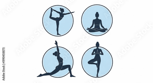 Yoga pose icons set with silhouette woman meditating, stretching, balancing and standing in circular badges