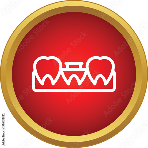 Dental implant fixture supporting a bridge between two healthy teeth in a red and gold icon