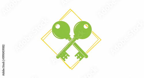 Ping pong paddles icon with green balls crossed inside a yellow diamond outline on white background featuring table tennis, sports logo, game symbol